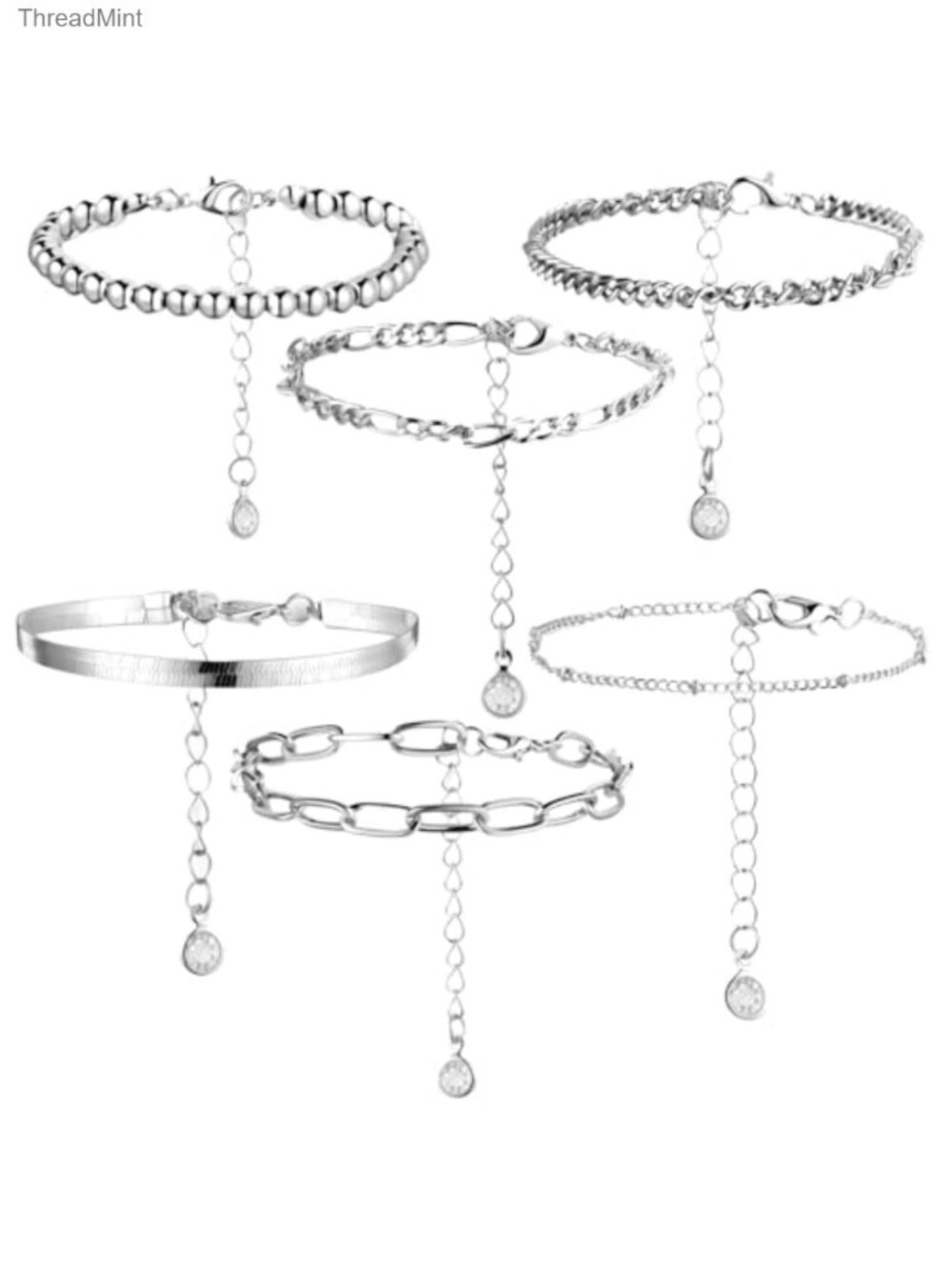 6 Pcs Dainty Silver Plated Chain Bracelets Stackable Adjustable Layered Glitter